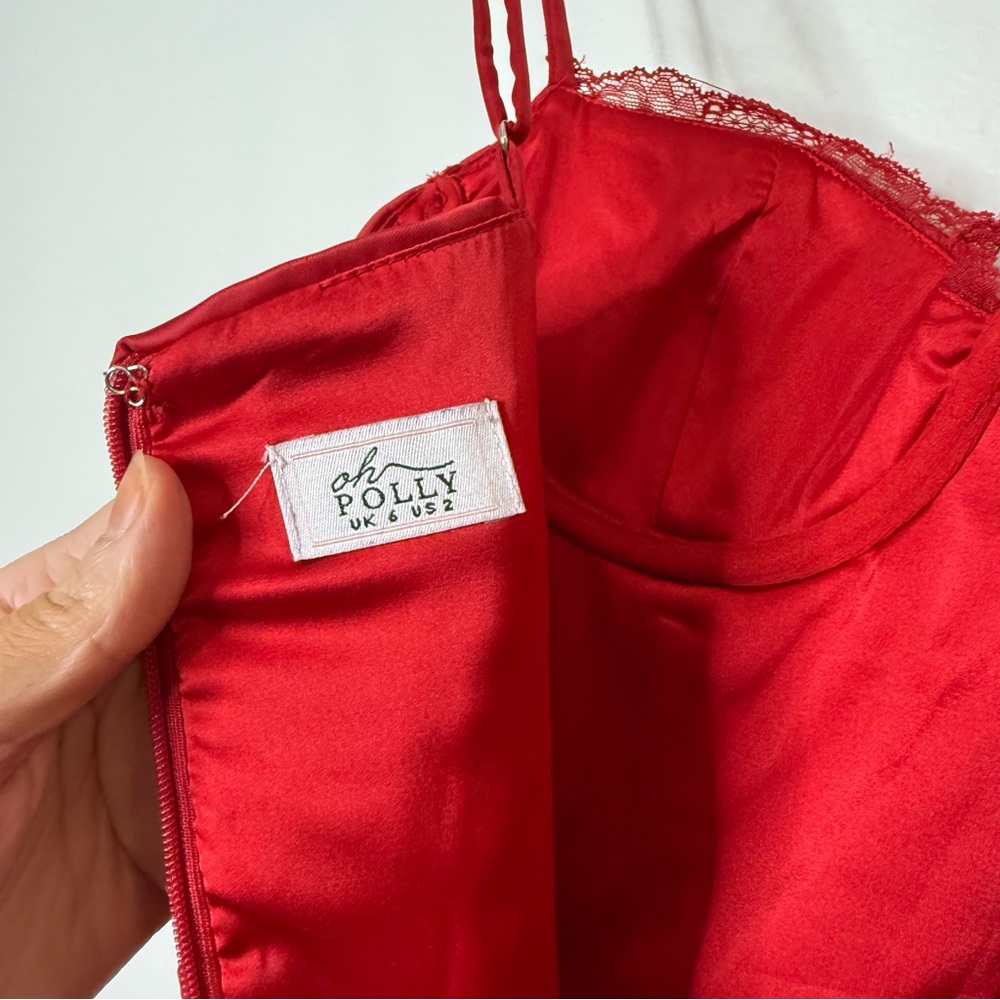 Oh Polly All For You Lace Trim Cowl Neck Satin Red Mini Dress holiday event - Picture 7 of 10